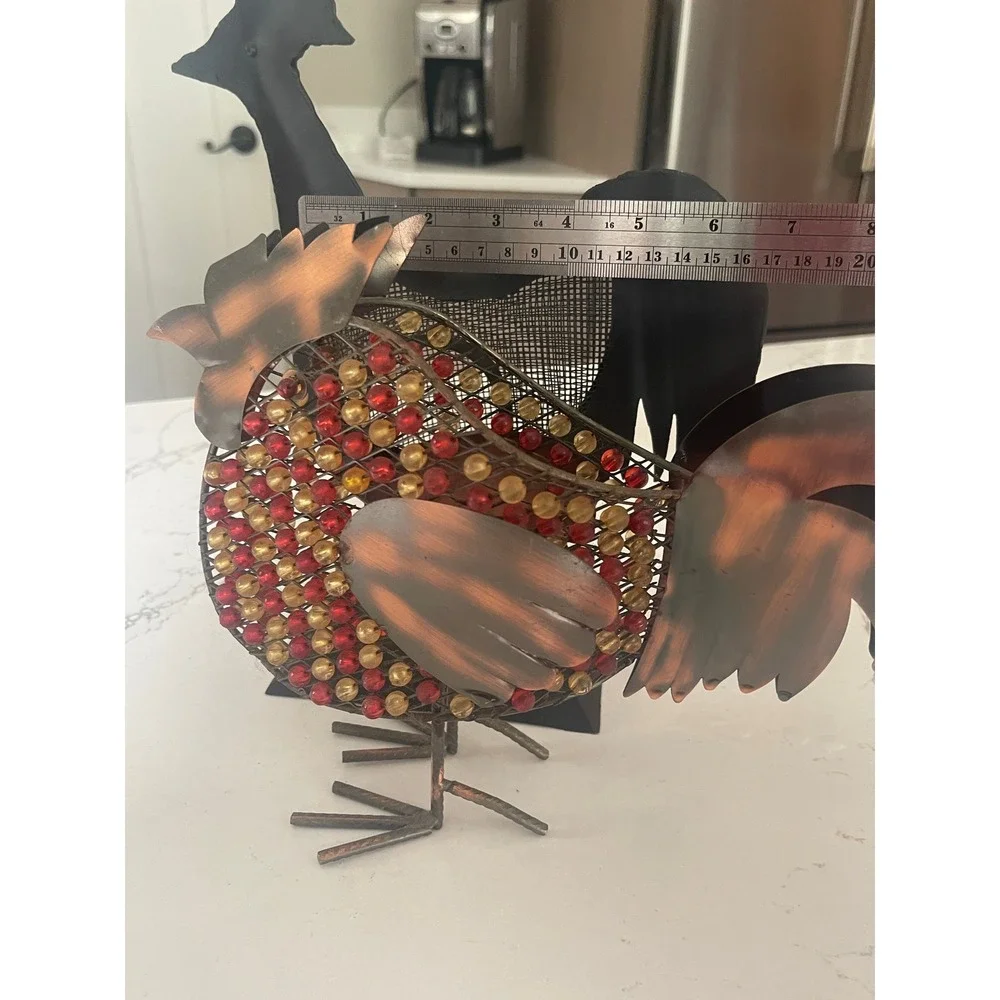 Pier 1 Metal Rooster Tea Light Holder and Beaded Wire Figurine Farmhouse Decor